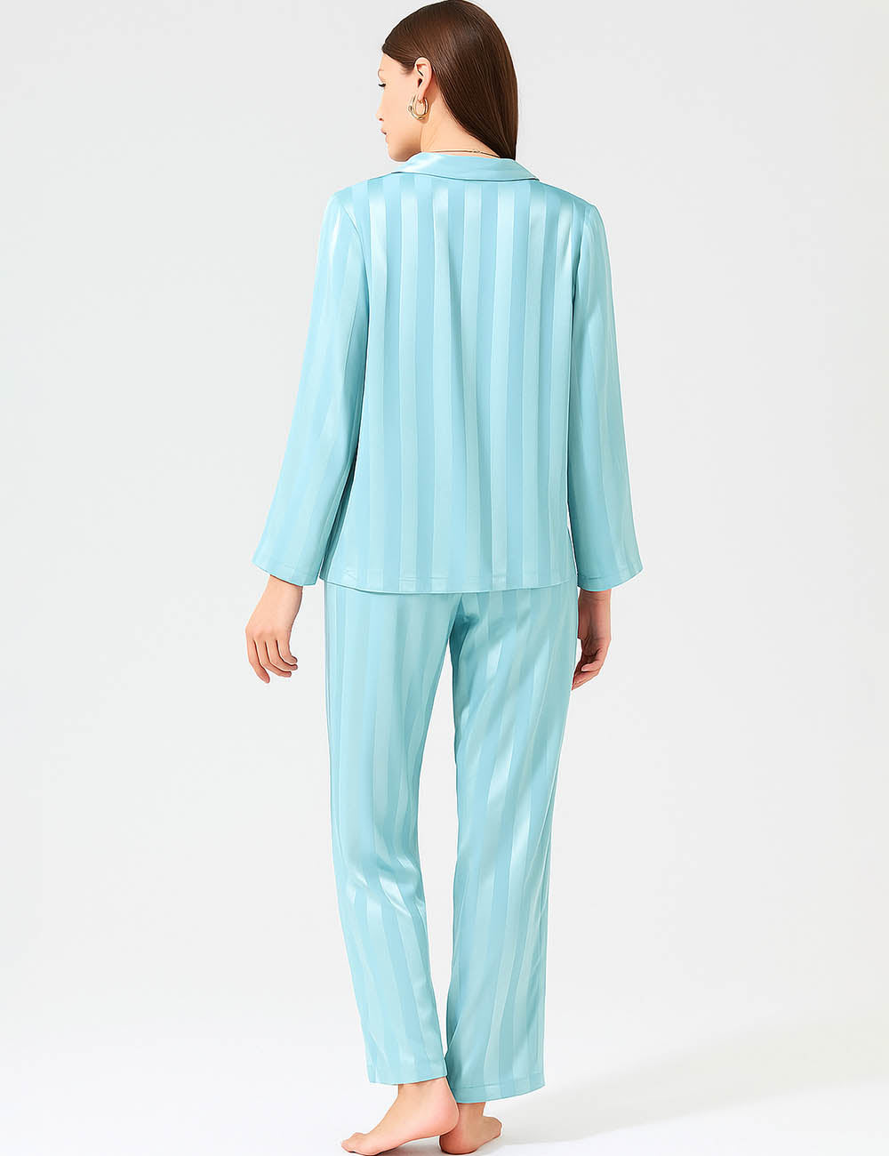 Ladies Satin Lounge Set Striped Button Shirt & Pants 2PCS Set