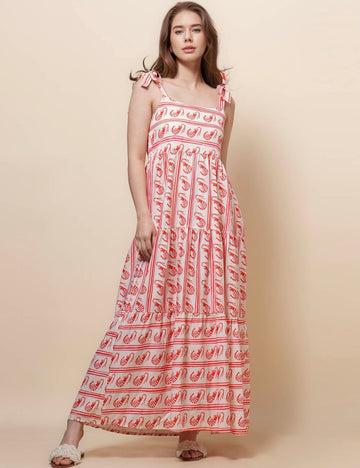 Ladies Straped Print Strape Tie Smocking Midi Dress SKD50800