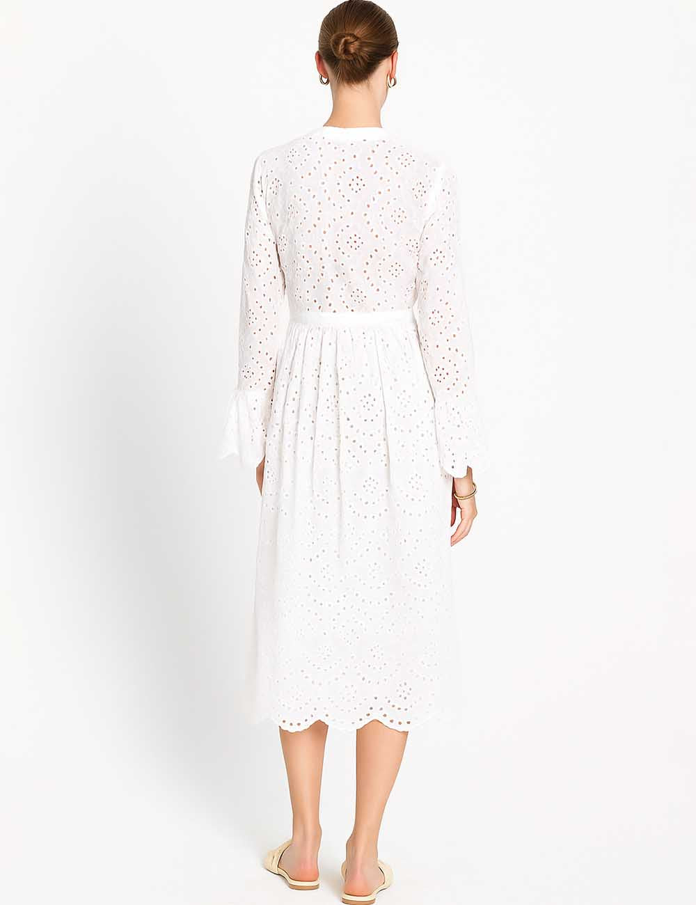 Ladies Embroidery Eyelet Tie Front Flared Sleeves Maxi Dress