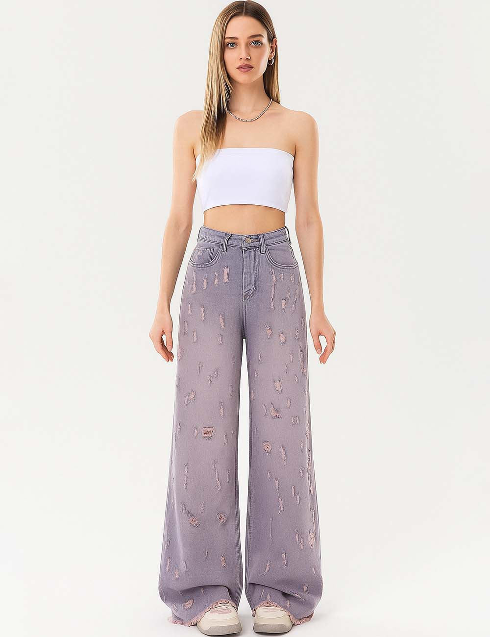 Ladies Distressed Button Closure Wide Leg Denim Pants