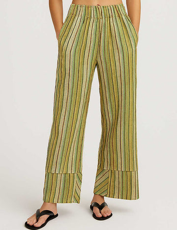 Ladies Striped Elastic Waist Pockets Wide Leg Pants