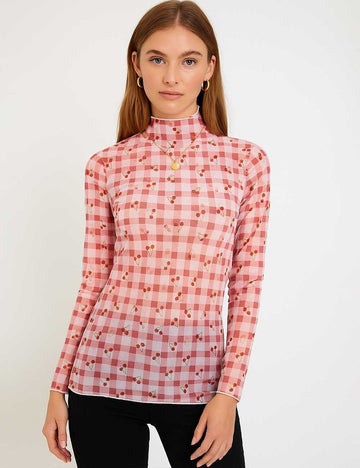 Women Checked Layering Top See Sheer Blouse