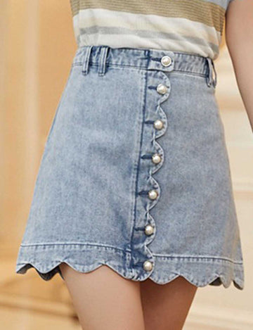 Ladies Button Scalloped Denim Mini Skirt