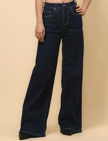 Ladies Dark Blue Jeans Wide Leg Denim Pants SKP4822