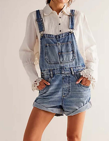 Ladies Solid Color Pocket Roll Denim Romper