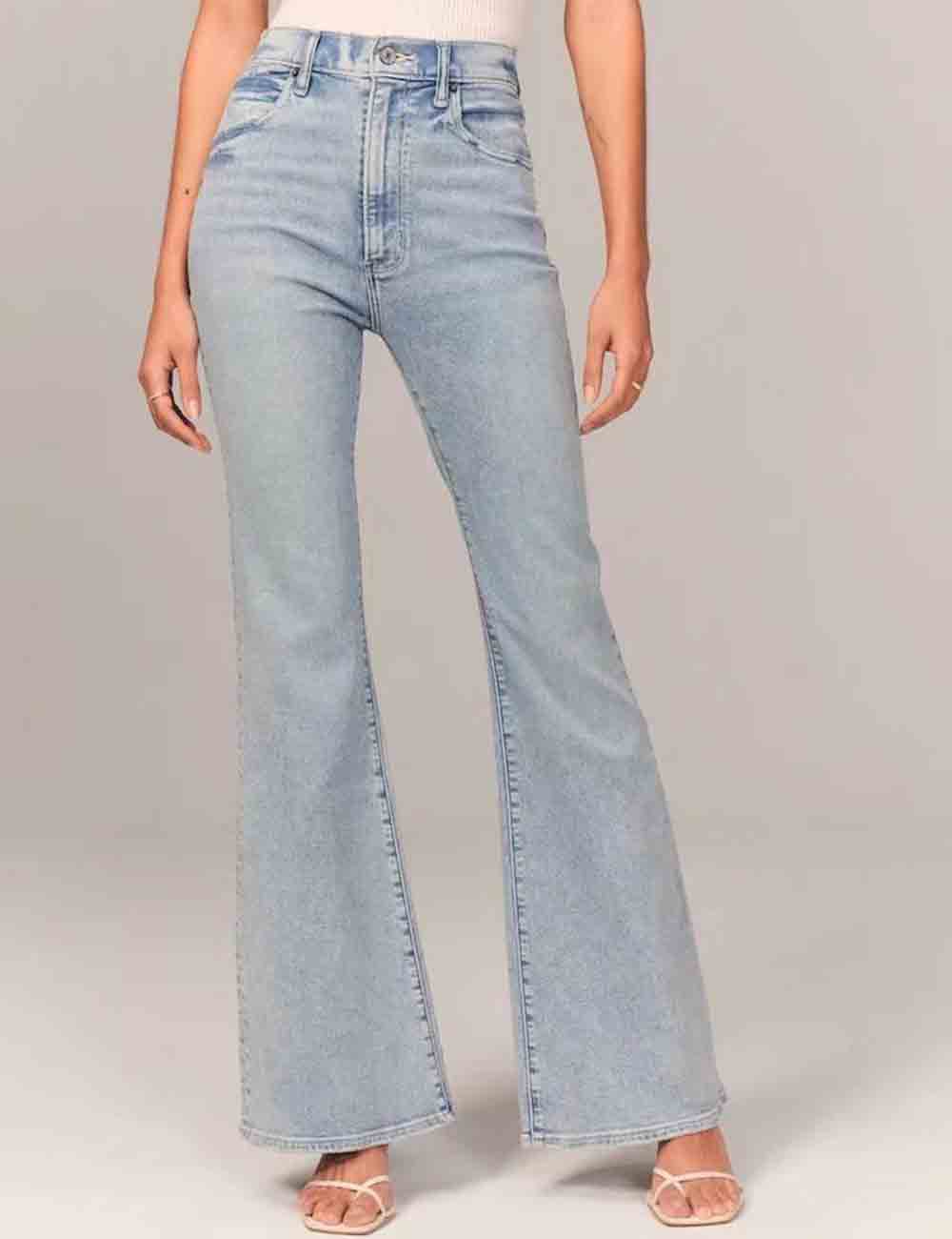 Ladies Button Pocket Flared Denim Pants