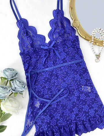 Ladies Floral Embroidery Hollow Out Chemise Set 8HF4344