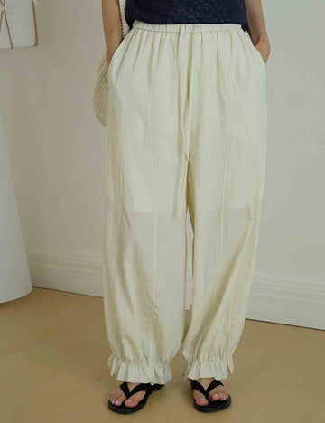 Ladies Solid Color Elastic Waist Tie Balloon Pants