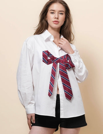 Ladies Bowknot Botton Down White Shirt SKT51072