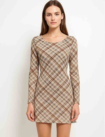 Ladies Checked Print Round Neck Scoop Back Mesh Mini Dress