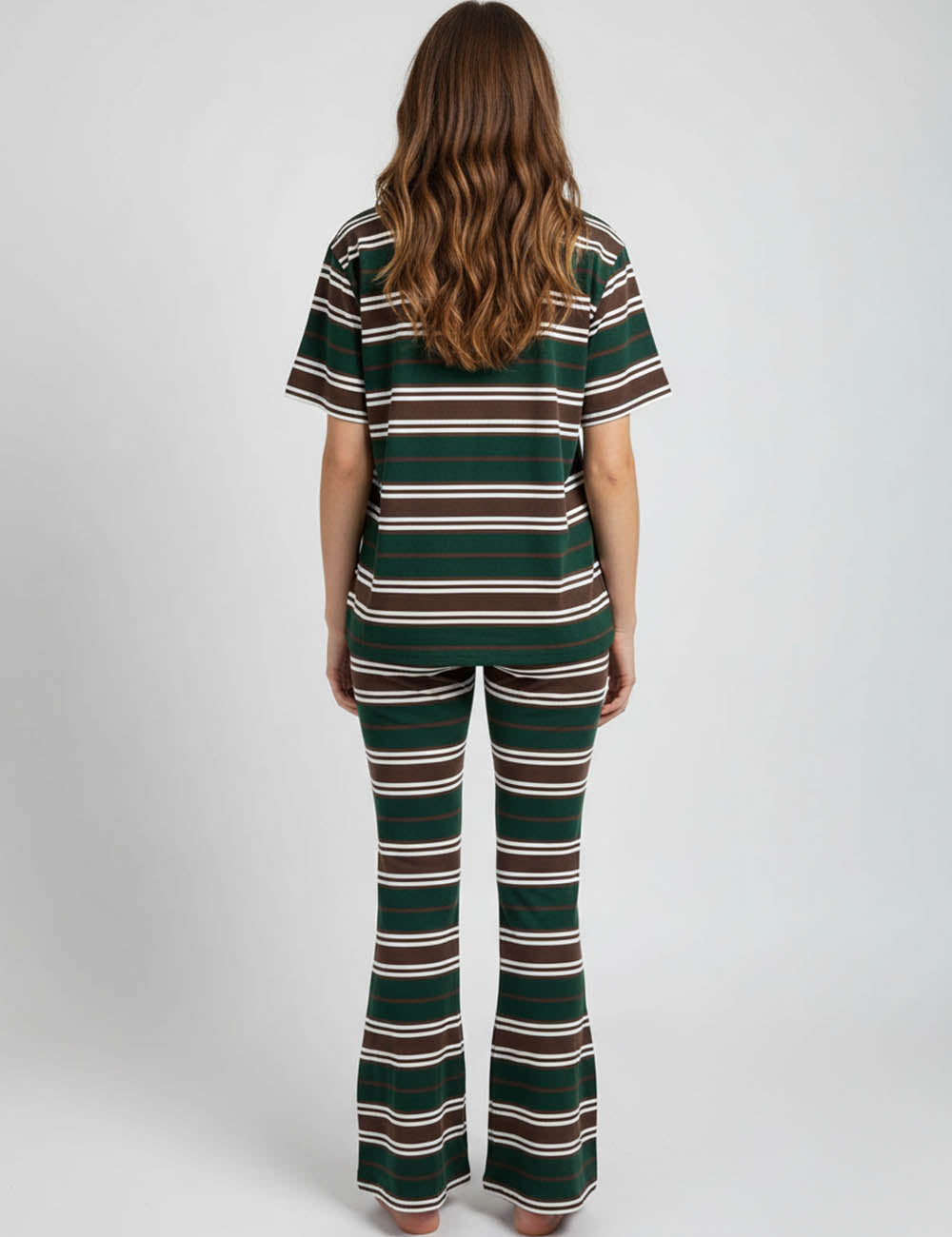 Ladies Striped Shorts Sleeves Flared Leg Top & Pants Set