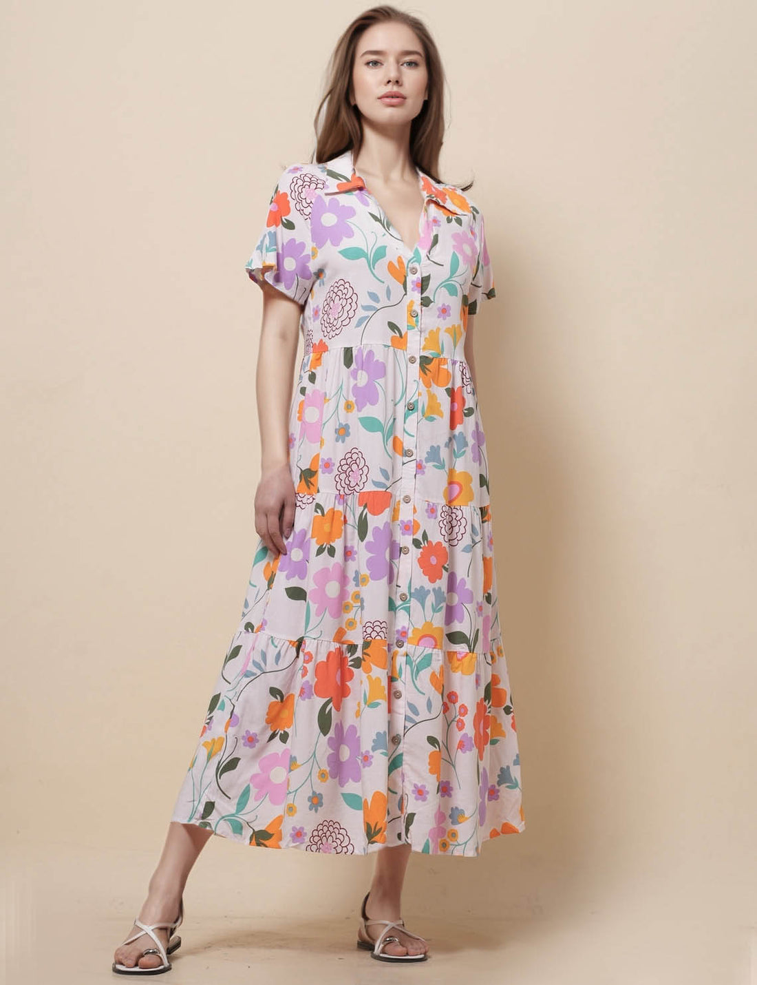Ladies V-Neck Short Sleeves Print Midi Shirt Dress SKD51141