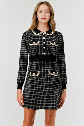 Plaid Knit Sweater Dress with Embellishment