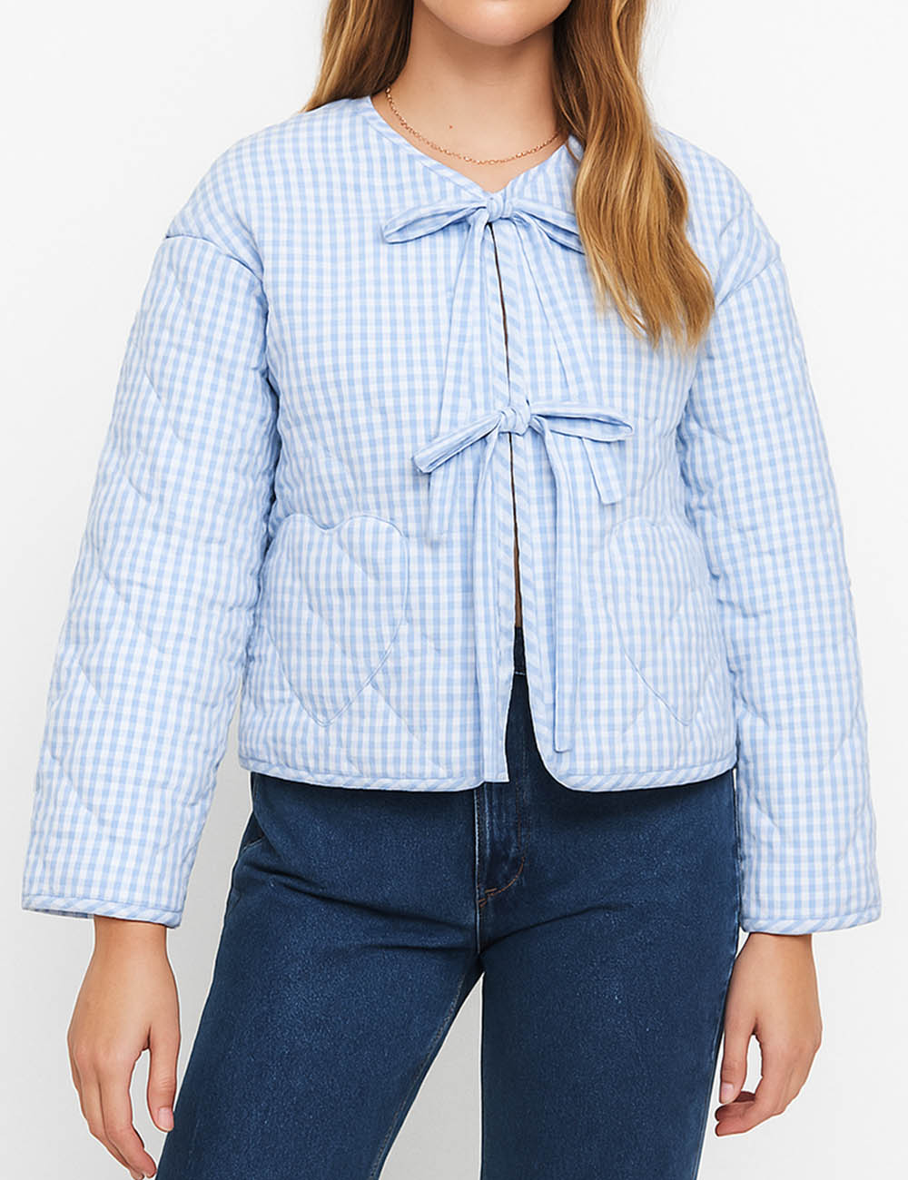 Ladies Plaid Print Tie Front Round Neck Quilted Cotton Jacket