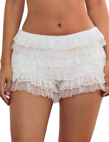 Ladies Solid Color Lace Mesh Tierd Ruffle Bowknot Shorts