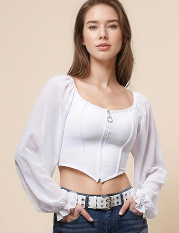 Ladies Solid Color Chiffone Sleeves Crop Top SKT4869