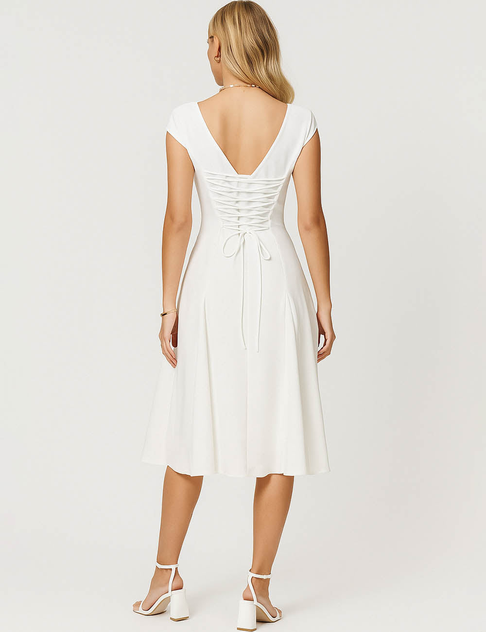 Ladies White Square Neck Cap Sleeves Midi Dress