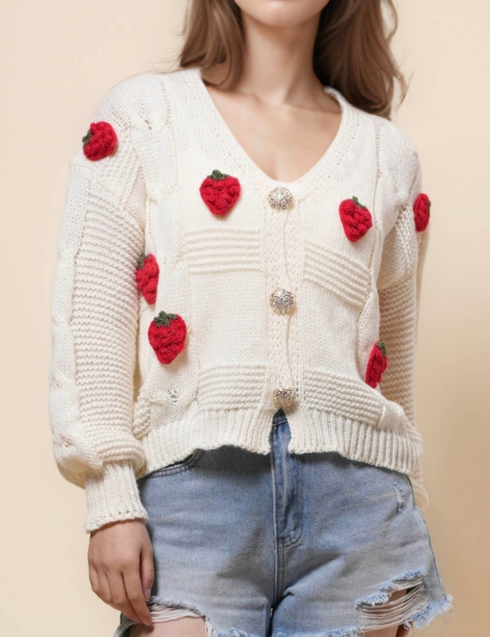 Ladies 3D Knit Strawberry Botton Cardigan SKT41080