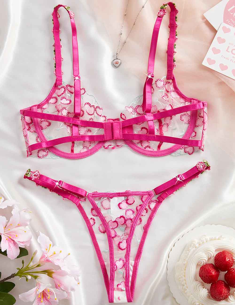 Ladies Heart Embroidery Color Block See Through Lingerie Set