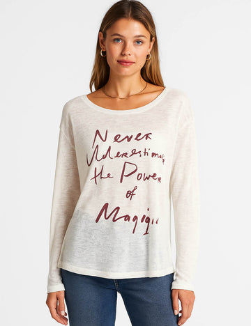 Ladies Sheer Letter Pullover T-Shirt Round Neck Long Sleeves Tee
