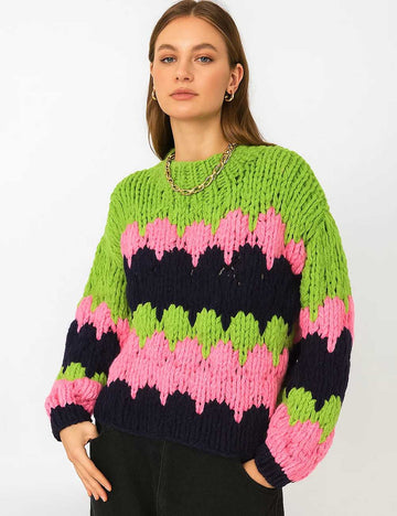 Ladies Colorful Pullover Long Sleeves Chunky Sweater