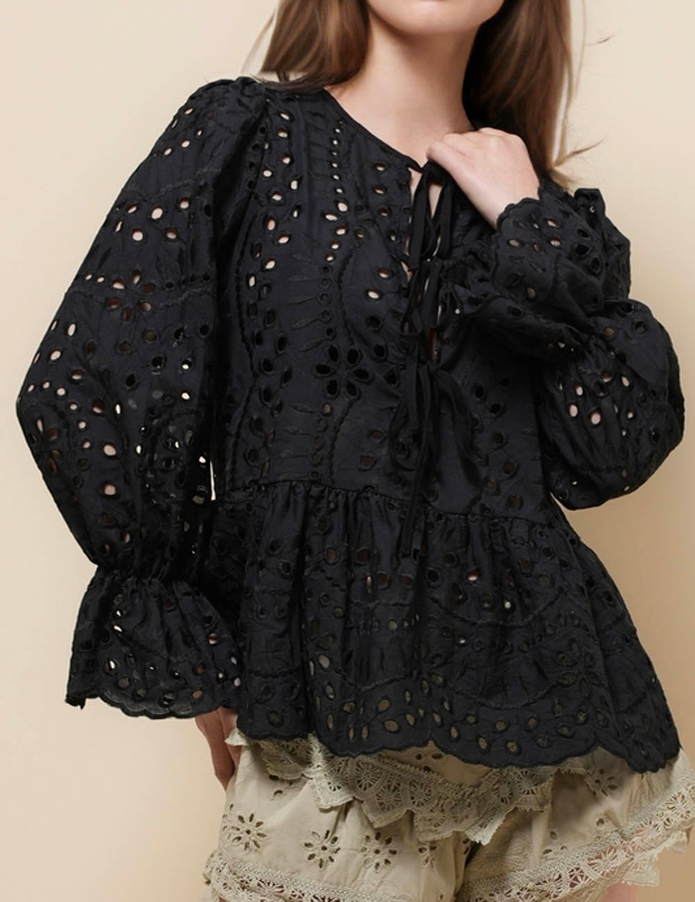 Ladies String Tie Long Sleeves Hollow Out Top SKT51086