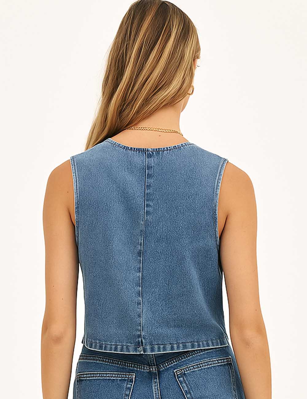SWEETKAMA Denim Solid V-Neck Sleeveless Women Daily Vest B88464