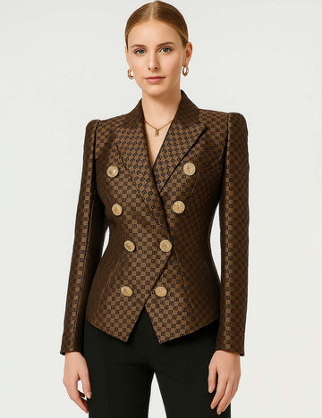 Ladies Lapel Neck Jacquard Double-Breasted Blazer L114