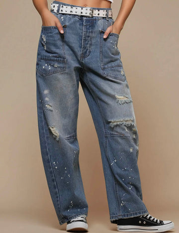 Ladies Distressed Barrel Jeans Baggy Denimn Pants SKP51004