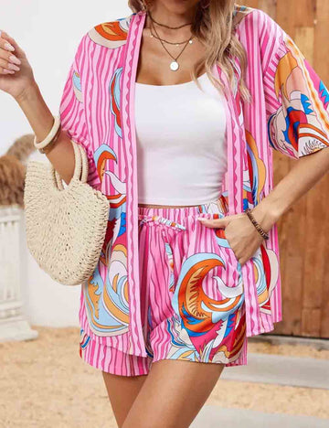 Ladies Graphic Print Short Sleeves Kimono Top & Shorts Set