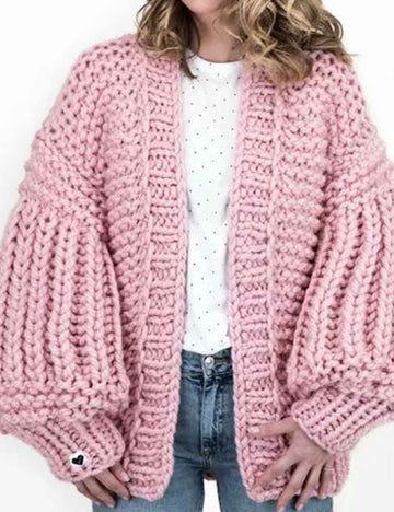 Ladies V-Neck Bubble Long Sleeves Open Chunky Knit Cardigan