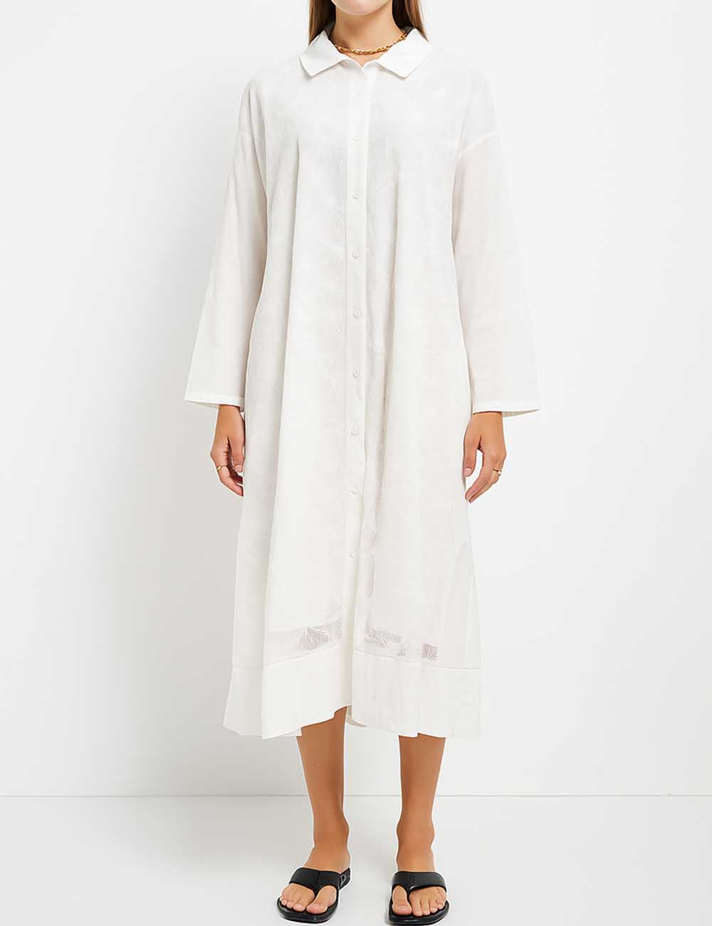 Ladies White Floral Mesh Button Down Long Sleeves Midi Dress