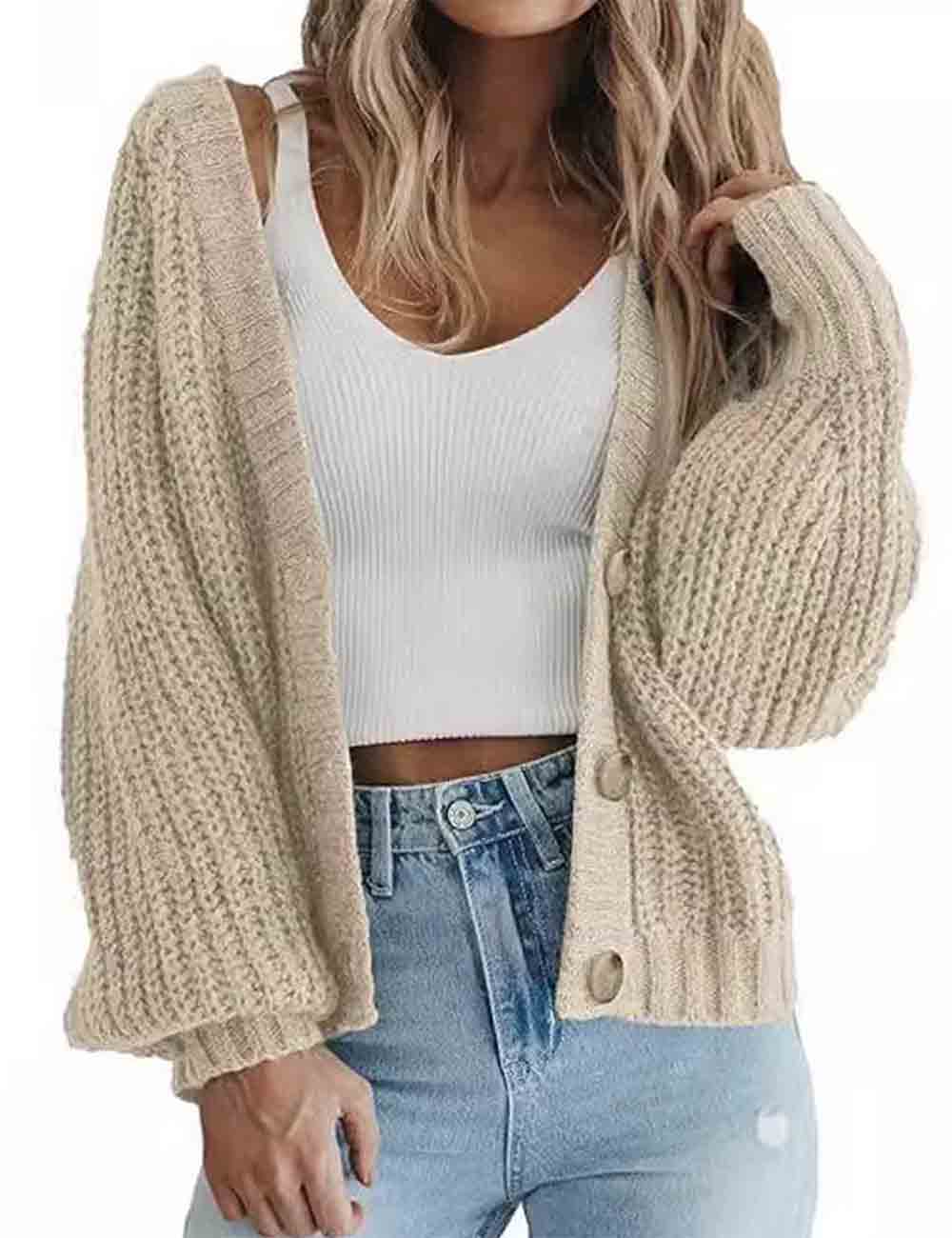 Ladies V-Neck Solid Color Button Closure Knit Cardigan