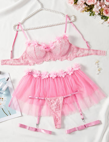 Ladies Sexy Floral Embroidery 3PCS Lingerie Set SKLG4049