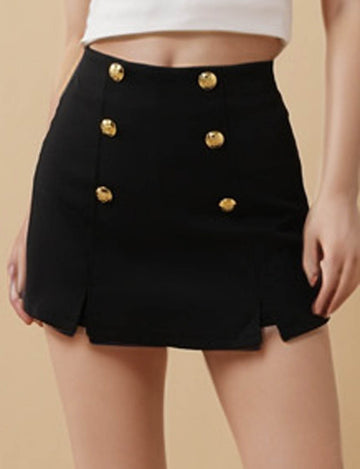 Ladies Solid Color Metal Button Hip Wrap Skort
