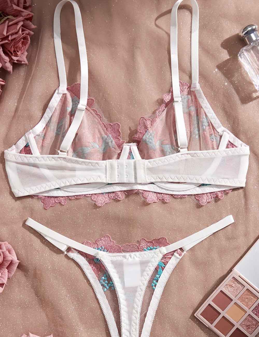 Ladies Floral Embroidery See Through 2PCS Lingerie Set 8XX0134