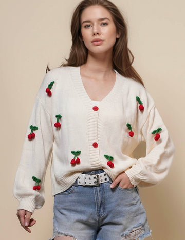 Ladies V-Neck Long Sleeves Cherry Knit Cardigan SKT50166