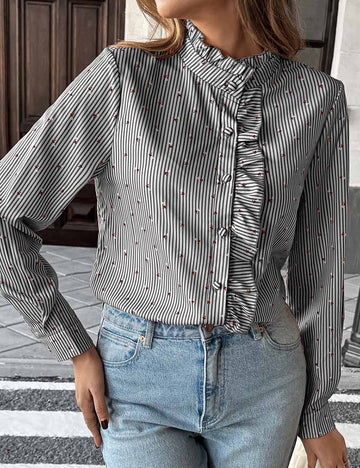 Ladies Stand Collar Striped Print Ruffle Long Sleeves Shirt