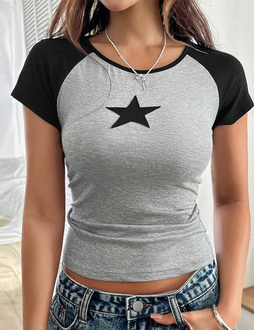 Ladies Color Block Star Print Short Sleeves Cropped Layering Top