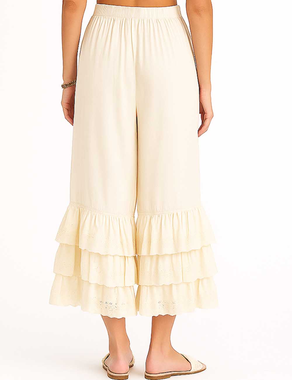 Ladies Solid Color Elastic Waist Pull -On Tiered Ruffle Pants