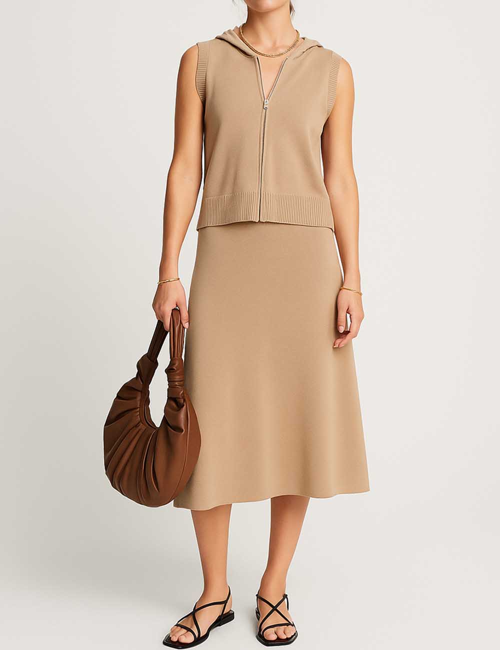 Ladies Hooded Zipper Sleeveless Knit Top & Skirt Set