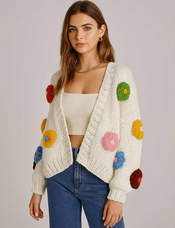 Ladies Multicolor Flower Long Sleeves Sweater Cardigan