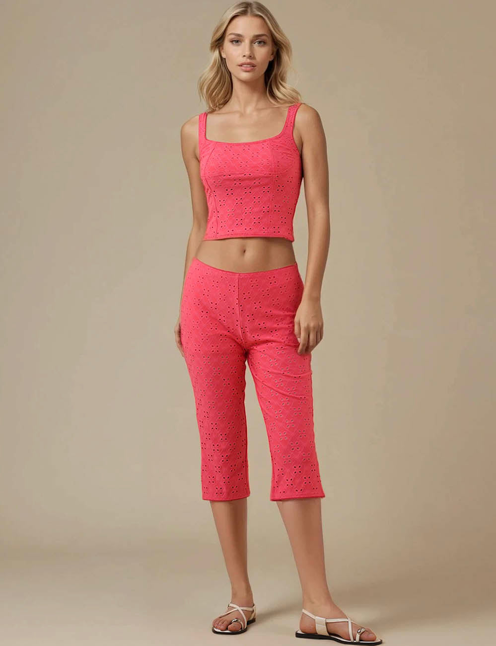 Ladies Hollow Out Mid Leg Tank Top & Shorts Set SKST5KC1802