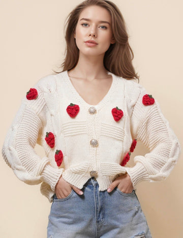Ladies 3D Knit Strawberry Botton Cardigan SKT41080