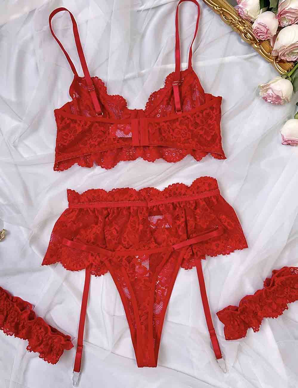 Ladies Floral Lace See Through 3PCS Lingerie Set 8HF1129