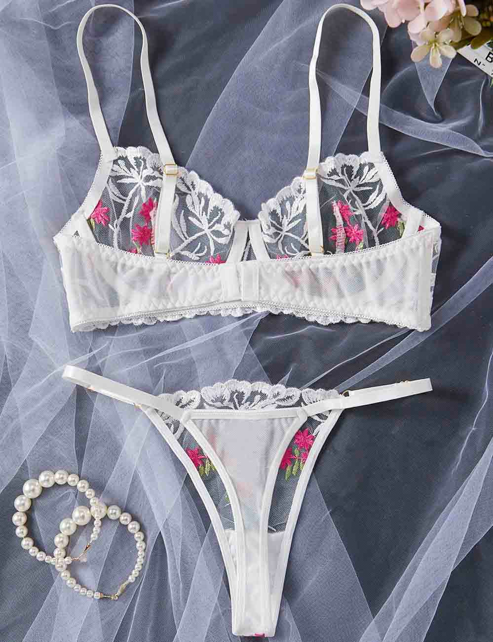 Ladies Floral Embroidery See Through 2PCS Lingerie Set 8HF4253