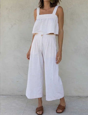 Ladies Solid Color Button Closure Cropped Tank Top & Pants Set