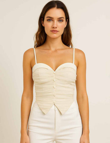 Ladies Mesh Button Ruched String Shoulder Corset Top