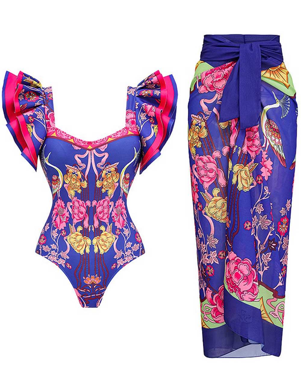 Ladies Square Collar Floral Print One Piece Swimwear with Salong