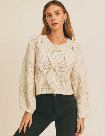 Ladies Chunky Diamond Pattern Round Neck Puff Sleeves Sweater